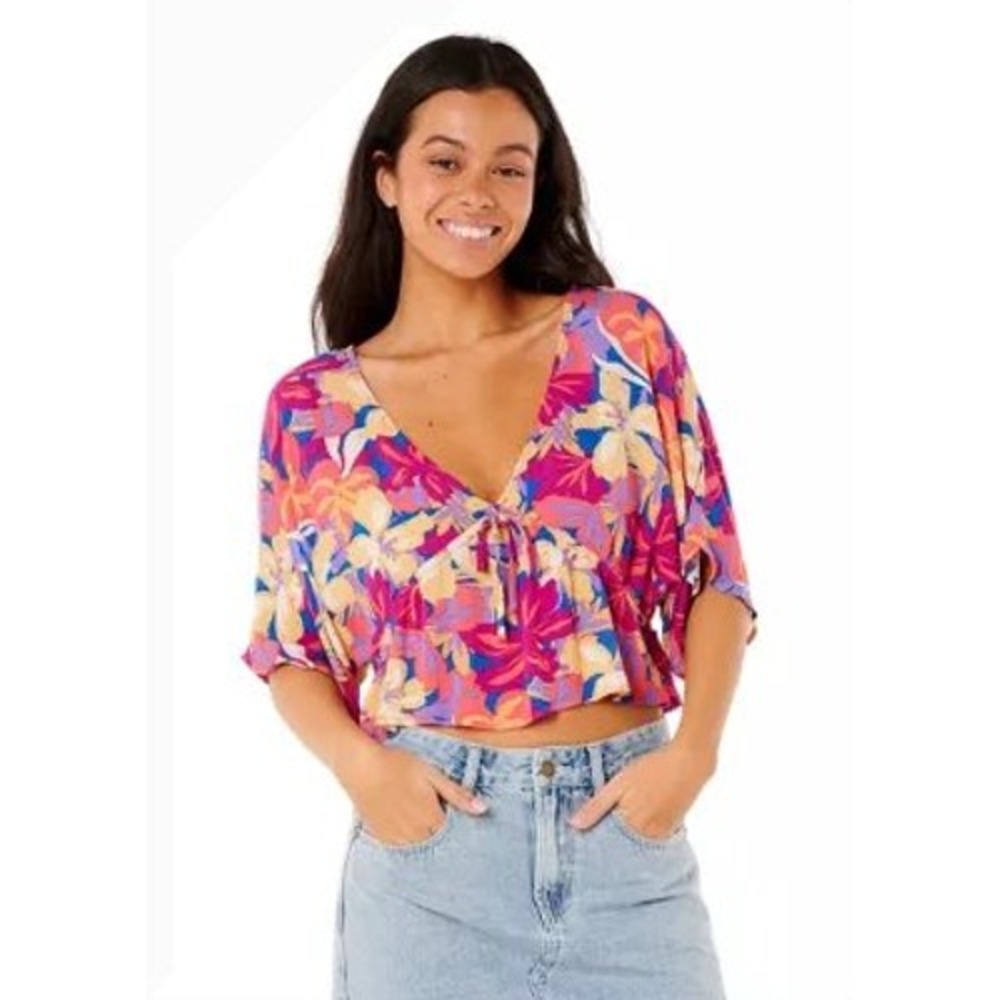 Rip Curl Womens Tropical Floral V-Neck Crop Top Pink Orange Purple Size M Resort
